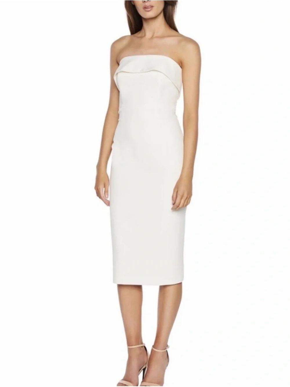 Bardot Strapless Off-White Ruffle Midi Dress
